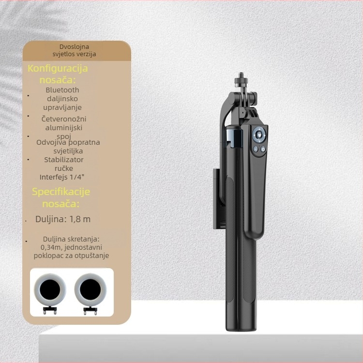 Selfie stativ s četiri noge, aluminijska legura, stabilizacija, Bluetooth daljinski upravljač, rasvjeta
