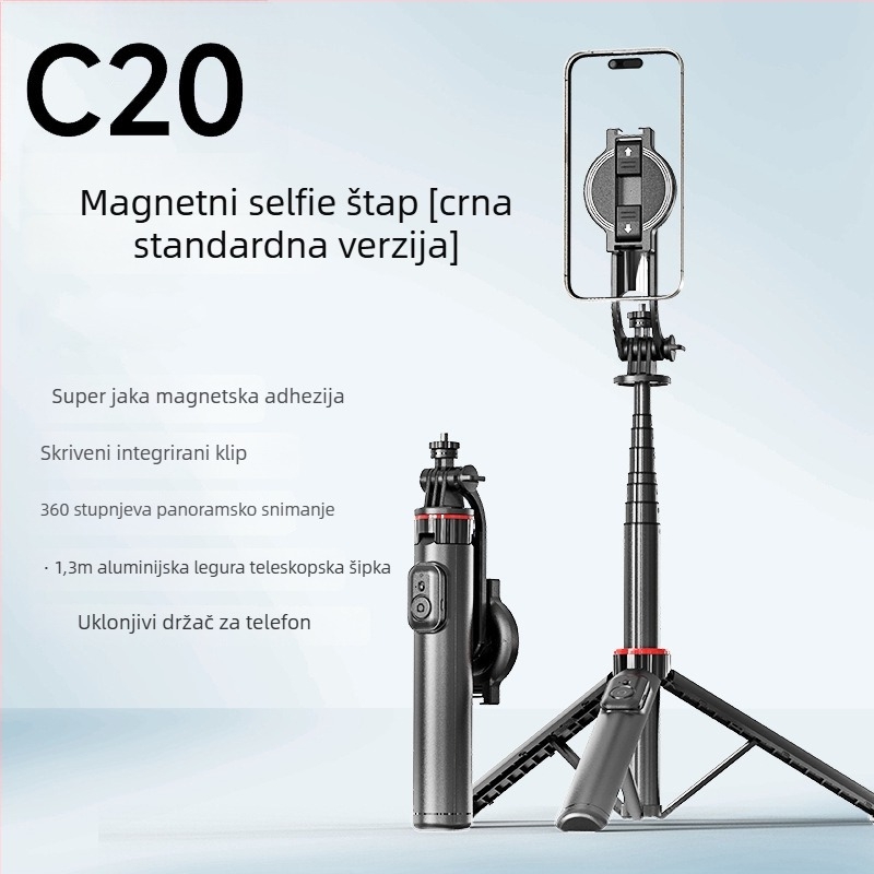 C20 Magnetski selfie štap s daljinskim upravljačem i rasvjetom za livestream — držač za telefon za stolnu i podnu upotrebu, Bluetooth