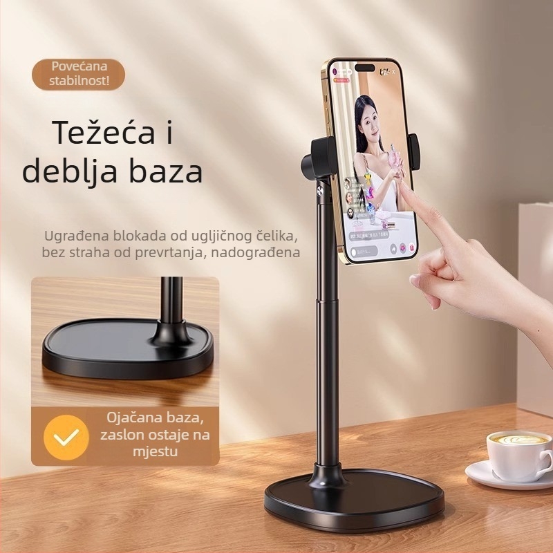 Držač za telefon od aluminijske legure za stolno livestreamanje – prilagodljiva visina, snimanje s gornjeg kuta, ojačana baza