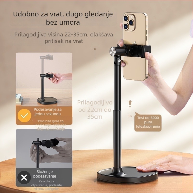 Držač za telefon od aluminijske legure za stolno livestreamanje – prilagodljiva visina, snimanje s gornjeg kuta, ojačana baza