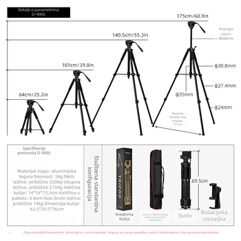 Prilagodljivi DSLR fotoaparat stativ s 3D gimbalom i držačem za mobitel za live streaming, aluminijska legura, 3 sekcije, ploča s brzim otpuštanjem, nosivost 5 kg