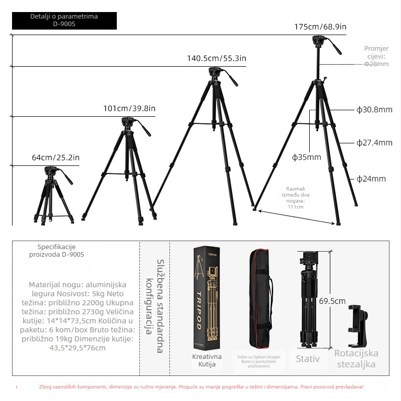 Prilagodljivi DSLR fotoaparat stativ s 3D gimbalom i držačem za mobitel za live streaming, aluminijska legura, 3 sekcije, ploča s brzim otpuštanjem, nosivost 5 kg