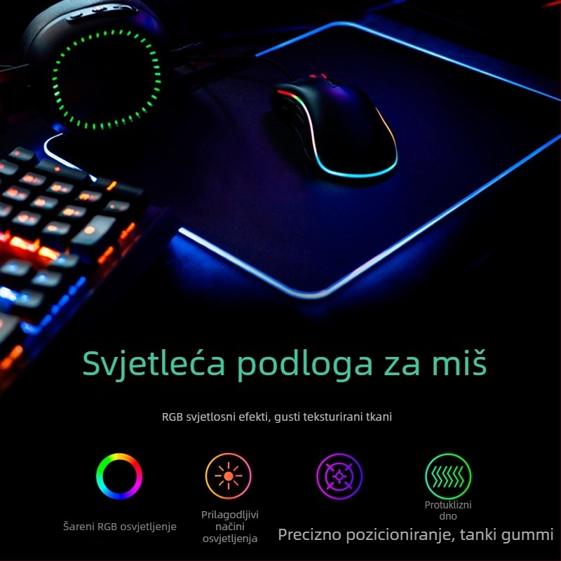 Gaming podloga za miš, RGB osvijetljena, deblja, protuklizna, guma + tkanina, ispis logotipa, OEM prilagodba