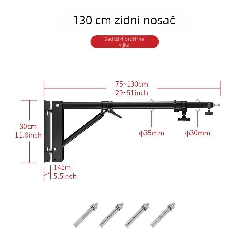 Cantilever zidni stalak za svjetlo za studij – željezo+ABS, nosivost 3–5 kg, visina 1,3/1,8 m, promjer cijevi 35 mm, 3 odjeljka