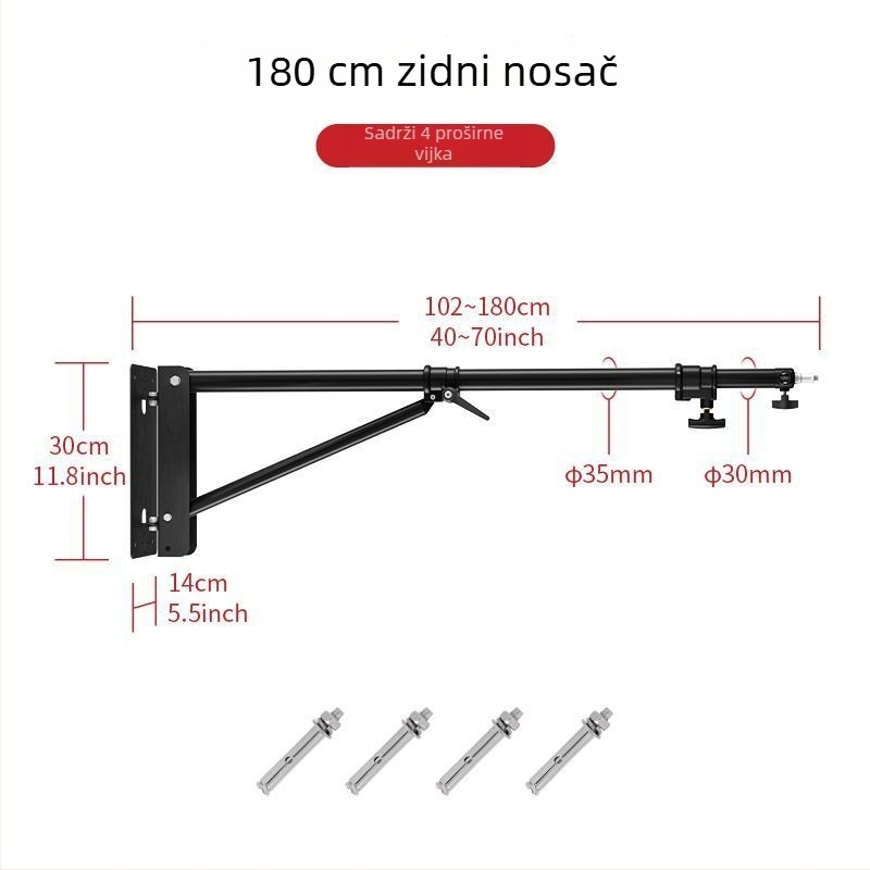 Cantilever zidni stalak za svjetlo za studij – željezo+ABS, nosivost 3–5 kg, visina 1,3/1,8 m, promjer cijevi 35 mm, 3 odjeljka