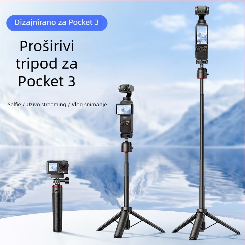 Ručni mini produžni štap sa stativom za selfie za akcijsku kameru, kompatibilno s DJI Action i GoPro, Materijal: aluminijska legura + ABS + silikon, Tisak logotipa po narudžbi, 3 mjeseca jamstva