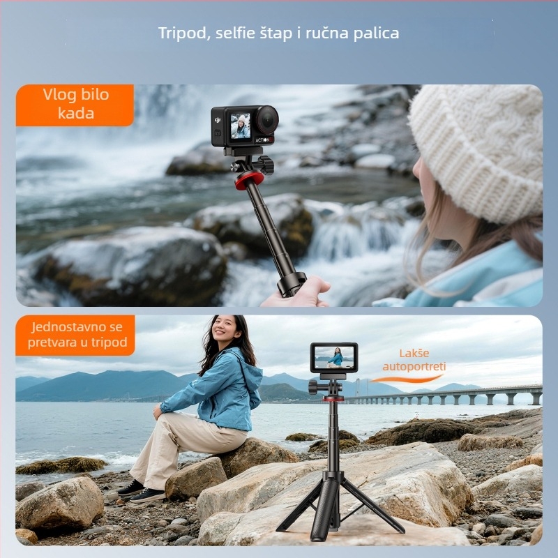 Ručni mini produžni štap sa stativom za selfie za akcijsku kameru, kompatibilno s DJI Action i GoPro, Materijal: aluminijska legura + ABS + silikon, Tisak logotipa po narudžbi, 3 mjeseca jamstva