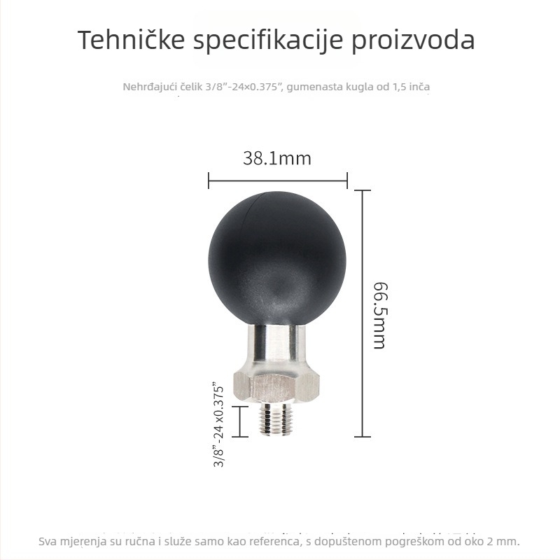 Držač za kameru s navojem 3/8, kuglasta glava 38 mm, materijal od nehrđajućeg čelika + guma, nosivost do 7 kg