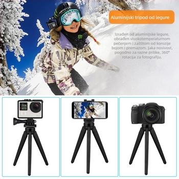 Stativ za DSLR/GoPro od aluminijske legure, 3-sekcijske noge, kuglasta glava, nosivost 6–10 kg, pločica brzog otpuštanja