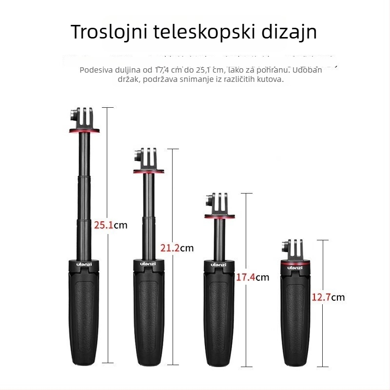 Ulanzi MT-09 Mini Produžni Stativ za DJI Action 6/5 Pro/4 – ABS + aluminij, 3 sekcije, nosivost 1 kg, težina 74 g, sklopljena visina 12,7 cm