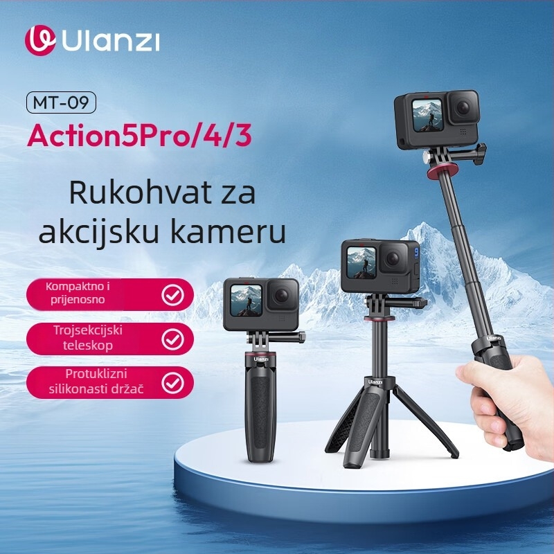 Ulanzi MT-09 Mini Produžni Stativ za DJI Action 6/5 Pro/4 – ABS + aluminij, 3 sekcije, nosivost 1 kg, težina 74 g, sklopljena visina 12,7 cm