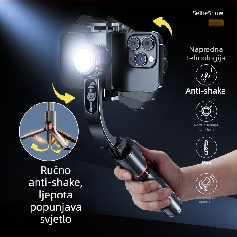 Stabilizator za telefon s automatskim praćenjem, ručni stabilizator s selfie štapiom i tripodom, ugrađena rasvjeta, Bluetooth daljinski upravljač, univerzalna kompatibilnost