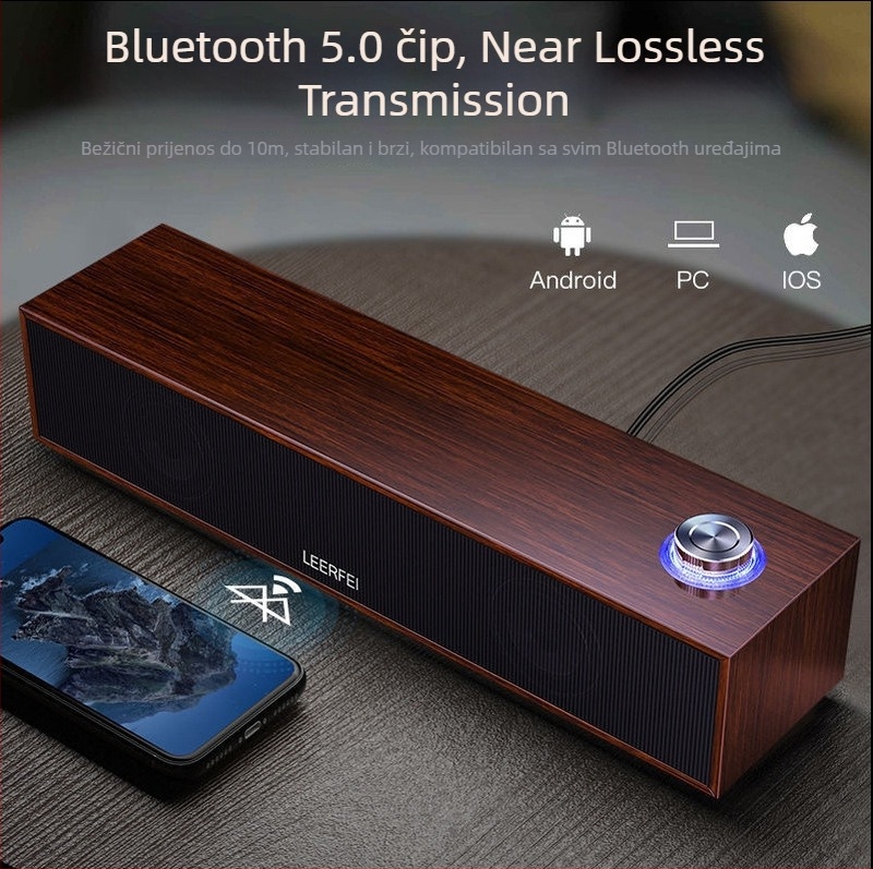 Desktop Bluetooth zvučnik, drveno kućište, USB napajanje, 2 zvučnika, 3W snage