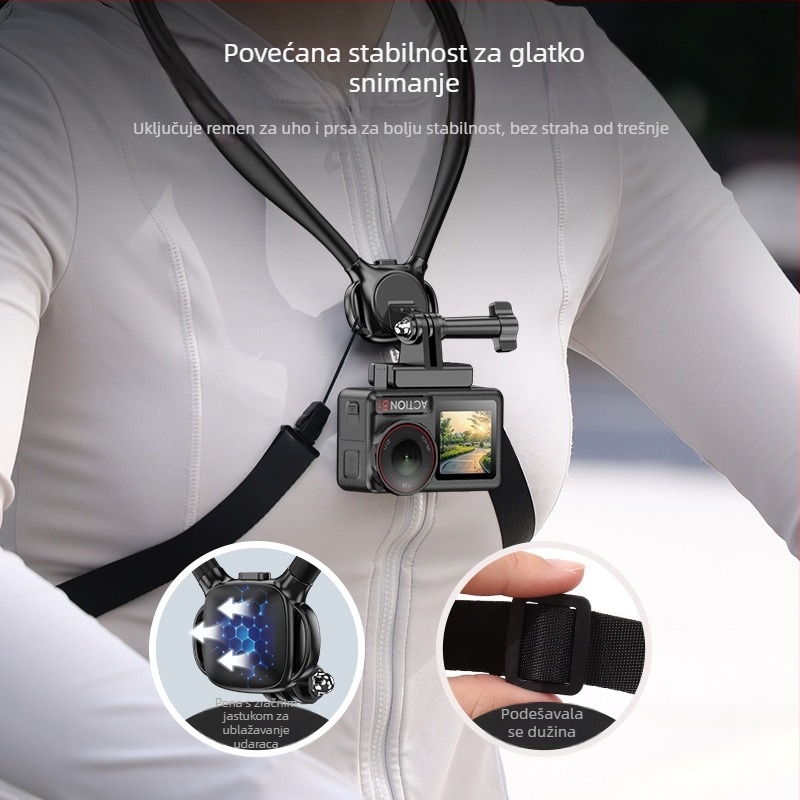 A295 držač za kameru s prvog lica oko vrata za sportske kamere; kompatibilno s GoPro 13 i DJI Action 5 Pro/4/3; materijal ABS + silikon gel + aluminijski trak; uključuje klip za telefon, klip za kameru i sigurnosnu užad; 3 mjeseca garancija