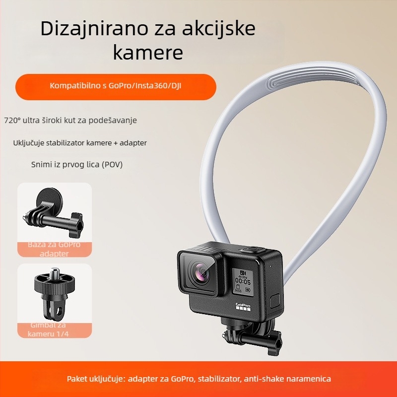 A295 držač za kameru s prvog lica oko vrata za sportske kamere; kompatibilno s GoPro 13 i DJI Action 5 Pro/4/3; materijal ABS + silikon gel + aluminijski trak; uključuje klip za telefon, klip za kameru i sigurnosnu užad; 3 mjeseca garancija