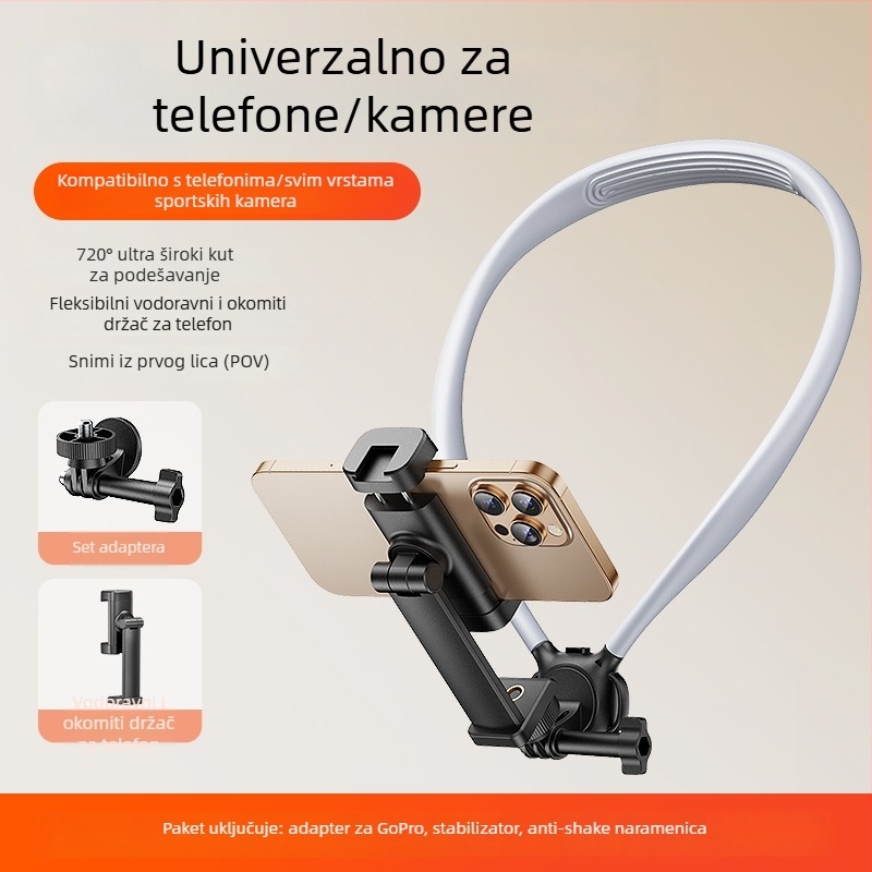 A295 držač za kameru s prvog lica oko vrata za sportske kamere; kompatibilno s GoPro 13 i DJI Action 5 Pro/4/3; materijal ABS + silikon gel + aluminijski trak; uključuje klip za telefon, klip za kameru i sigurnosnu užad; 3 mjeseca garancija