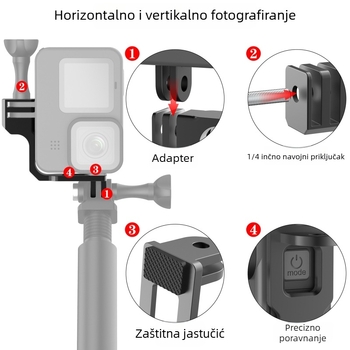 GoPro vertikalni nosač za snimanje — centrirani Live Vlog okvir, metalni, model AL19A; kompatibilan s GoPro 12/11/10/9/8/7/6/5/4 i drugim sportskim kamerama; moguć ispis logotipa; podržava montažu u jednom dijelu