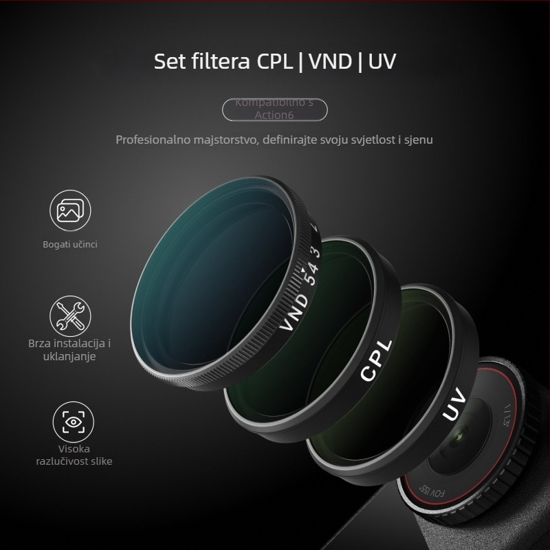 Telesin A6 set filtara za DJI Action6: CPL polarizator, ND8/16/32, VND, UV stakleni filteri