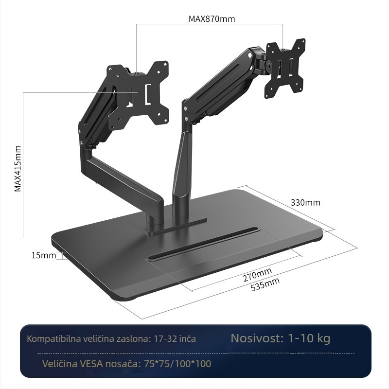 Monitor nosač bez bušenja s plinskom oprugom, rotirajući, ML8, hladno valjani čelik, 5 kg, za širok raspon monitora