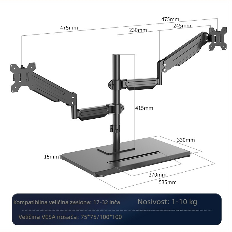 Monitor nosač bez bušenja s plinskom oprugom, rotirajući, ML8, hladno valjani čelik, 5 kg, za širok raspon monitora