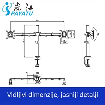 Dvoro rameni stolni nosač monitora s podiznim ramenima, kompatibilan s VESA 75×75 ili 100×100, izrađen od hladno valjanog čelika, težina 2,4–3,3 kg, PM monitor držač.