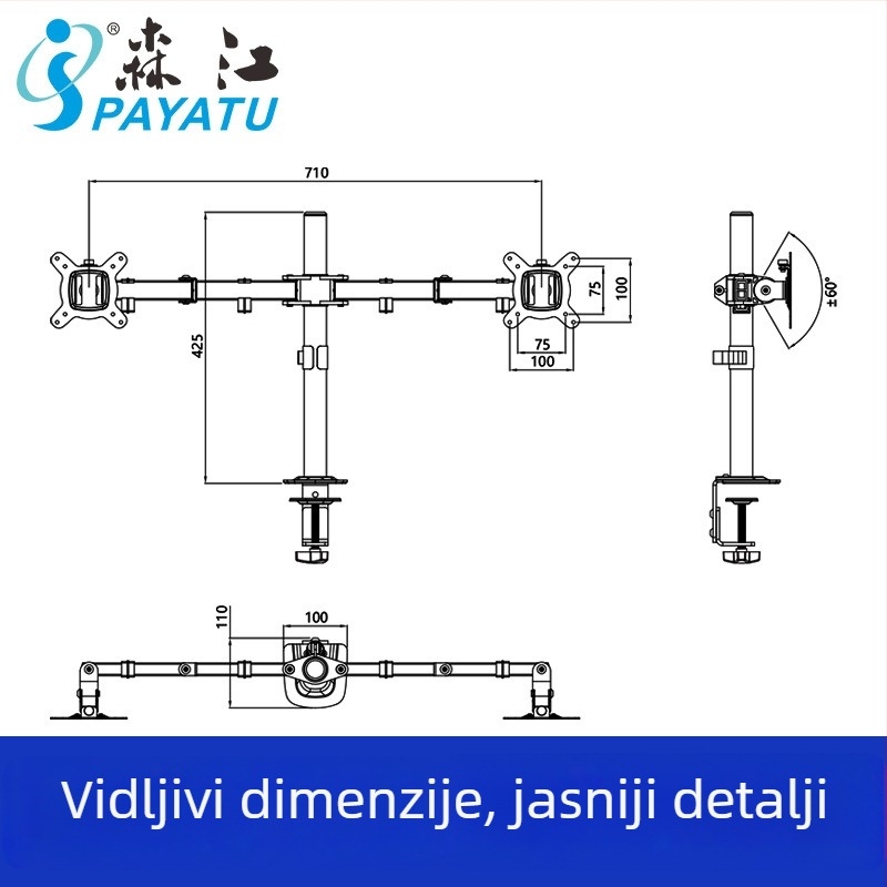 Dvoro rameni stolni nosač monitora s podiznim ramenima, kompatibilan s VESA 75×75 ili 100×100, izrađen od hladno valjanog čelika, težina 2,4–3,3 kg, PM monitor držač.