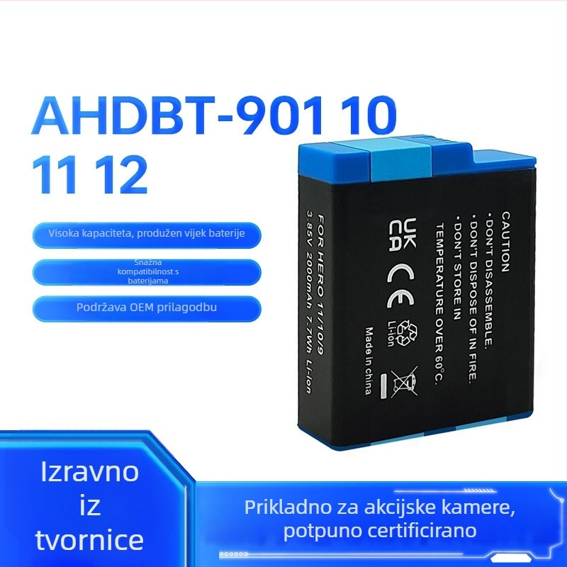 Baterija za akcijsku kameru AHDBT-901 10/11/12; kompatibilna s GoPro Hero 12; 3,85 V; uključuje kutiju i bateriju; izlazi 2024.