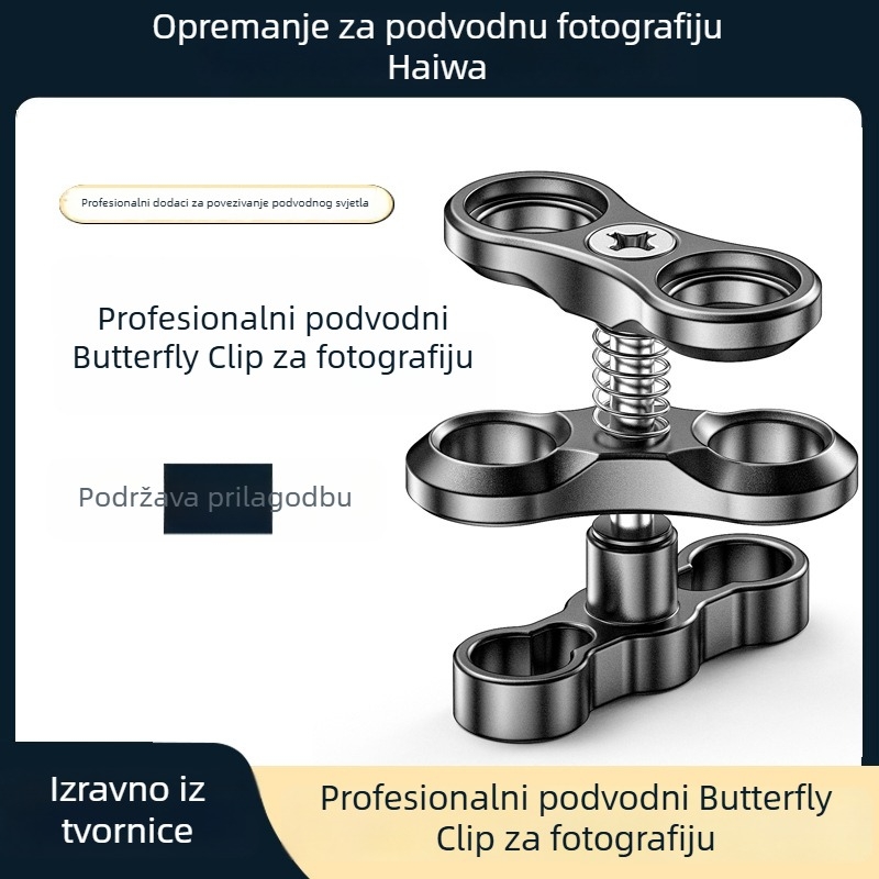 Seafrogs CP-2 Butterfly Clip za podvodnu fotografiju – CNC aluminijski spoj, dvostruka kuglična glava, klips za svjetlosno rame s dvije otvori, univerzalni držač kamere, nosivost 3–5 kg