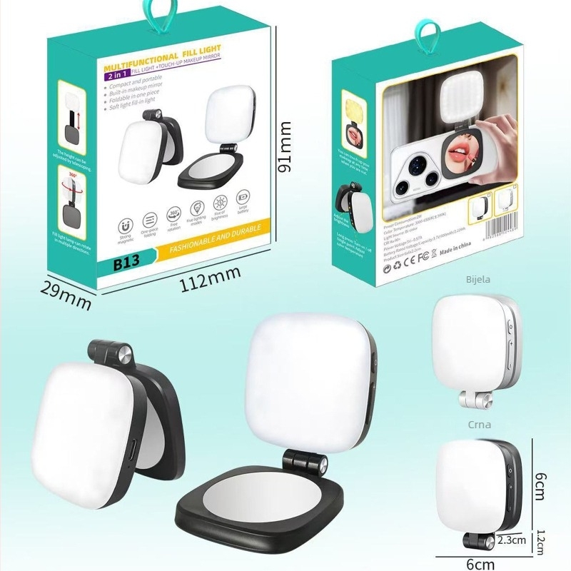 LED osvjetljenje za dopunu za pametne telefone s tri temperature boje, ogledalo za fotografiranje, prijenosno sklopivo džepno svjetlo s integriranom baterijom