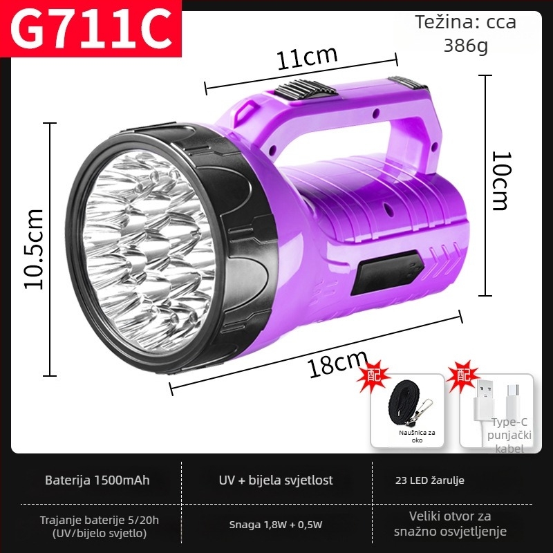 LED svjetiljka, punjiva, ABS kućište, baterija 1500 mAh, domet do 200 m