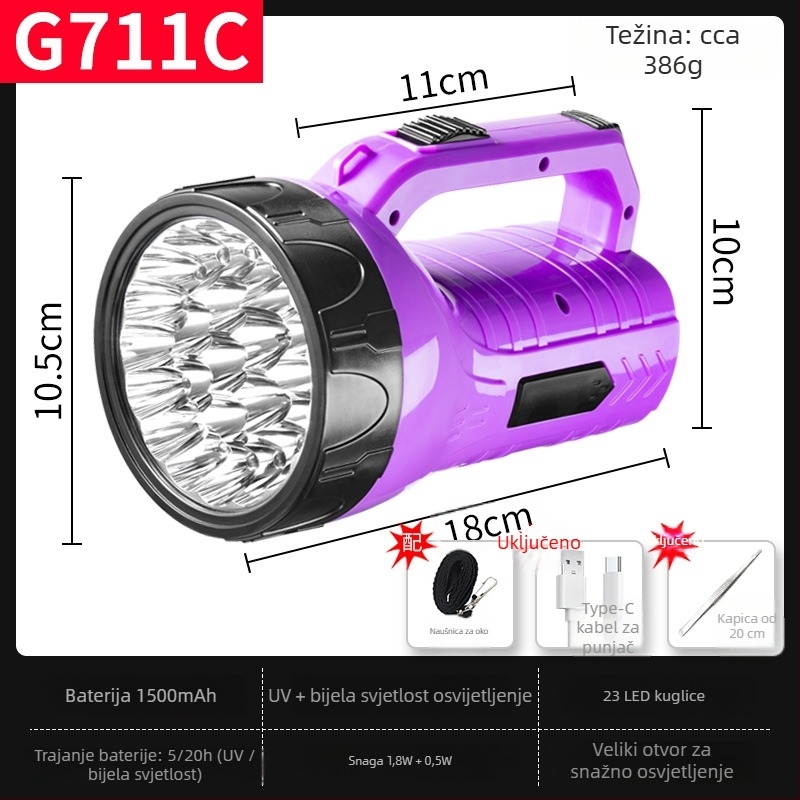 LED svjetiljka, punjiva, ABS kućište, baterija 1500 mAh, domet do 200 m