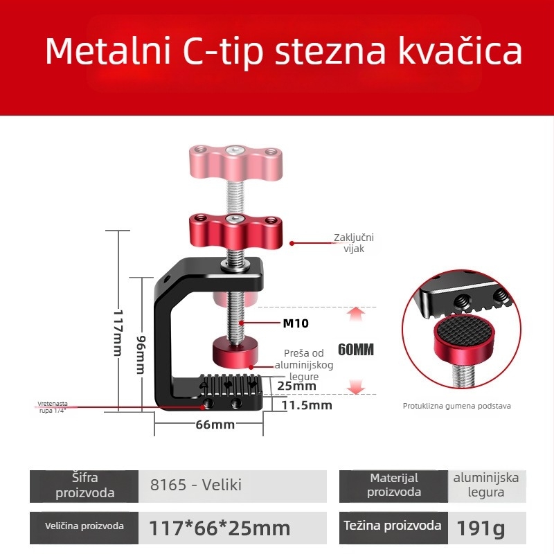 Polarstek kamera klipsa tipa C za stolnu upotrebu, aluminijska legura, držač za telefon, nosivost do 2 kg, težina 200 g