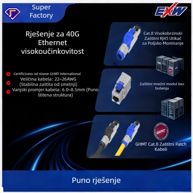 Nbexw Cat8 patch kabel, brzina prijenosa 500, radna temperatura -25°C, temperatura skladištenja 125°C, vučna snaga 10, tlačna čvrstoća 20, duljina po narudžbi