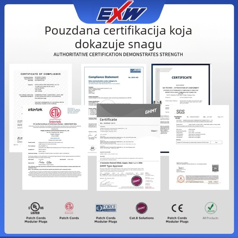 Nbexw Cat8 patch kabel, brzina prijenosa 500, radna temperatura -25°C, temperatura skladištenja 125°C, vučna snaga 10, tlačna čvrstoća 20, duljina po narudžbi