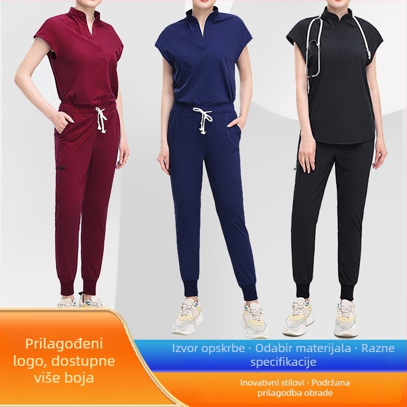 Unisex medicinska odjeća set: top s kratkim rukavima i hlače, V-izrez, poliester, odvlaživanje vlage, ljetni model 2023