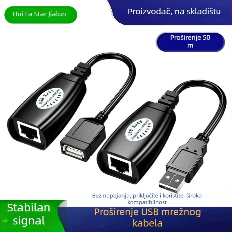 USB proširivač preko RJ45, domet 50 m, USB na RJ45 prošireni kabel, RJ45 mrežna veza, univerzalna kompatibilnost, težina 0,1 kg
