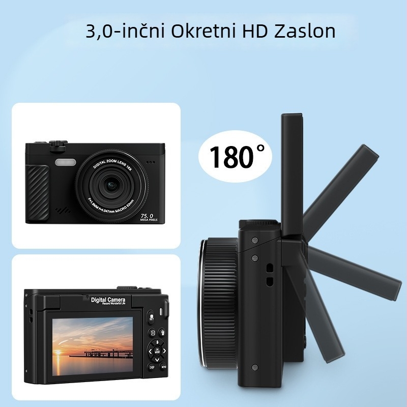 FOCUSO Wd66 selfie digitalna kamera s 3,0-inčnim okretni ekranom, 8MP CMOS senzor, 16x digitalni zoom, maksimalna rezolucija 4608×3056