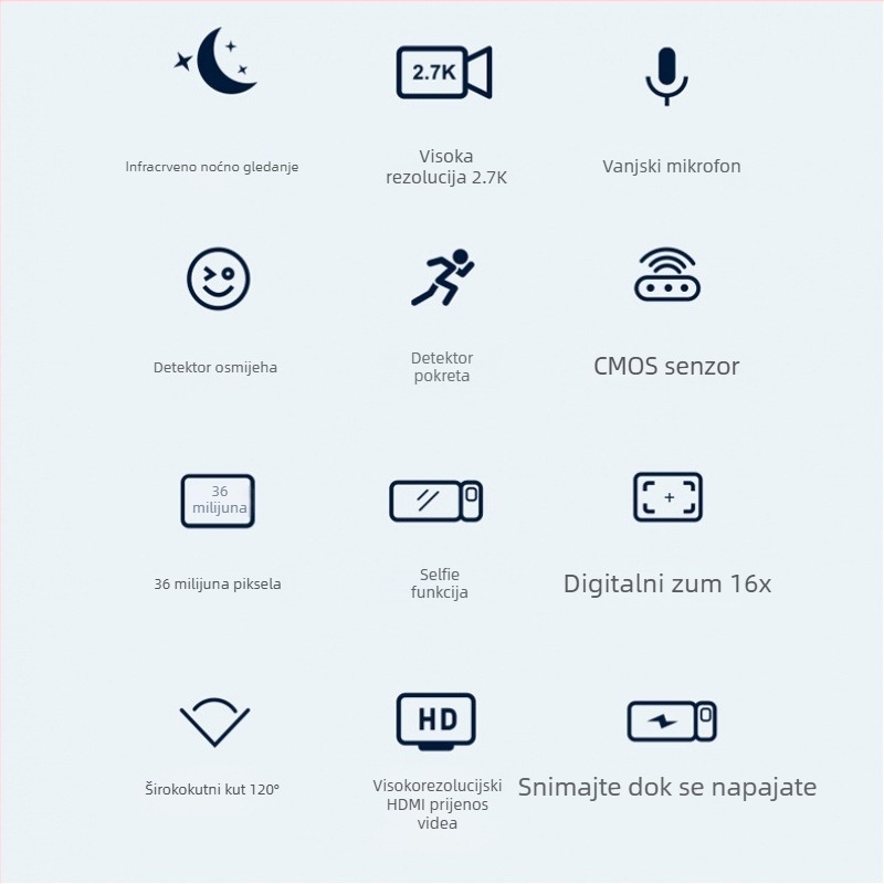 HD digitalna kamera s CMOS senzorom, 2.7K video, 3,0-inčni dodirni zaslon, noćno snimanje, elektronička stabilizacija slike