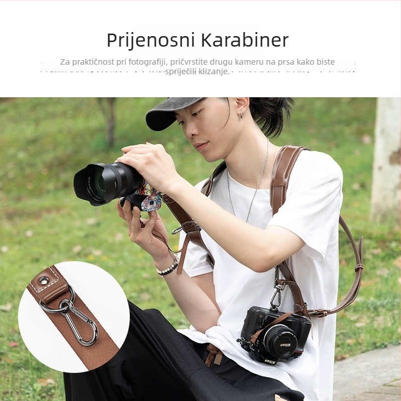 Kožna naramenica za dva fotoaparata, podesiva duljina, model H90, kompatibilna s različitim modelima fotoaparata