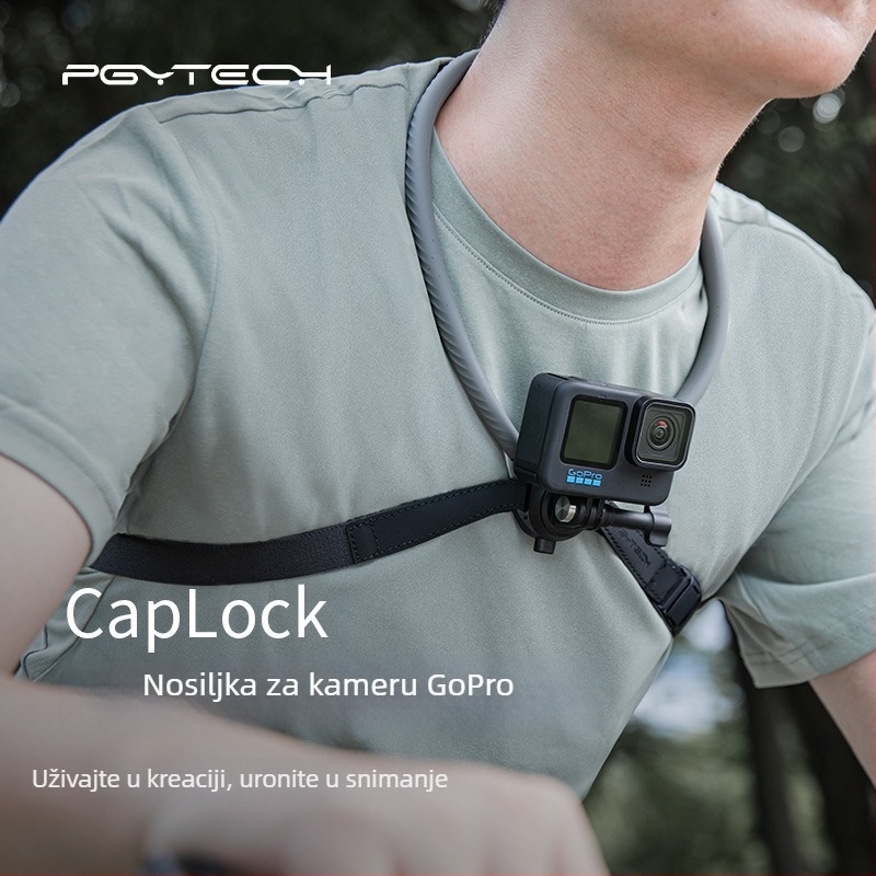 CapLock držač za akcijsku kameru na vrat – pogled iz prve osobe, univerzalni model P-GM-389, materijali: silikon, nehrđajući čelik, aluminij, PC-PBT