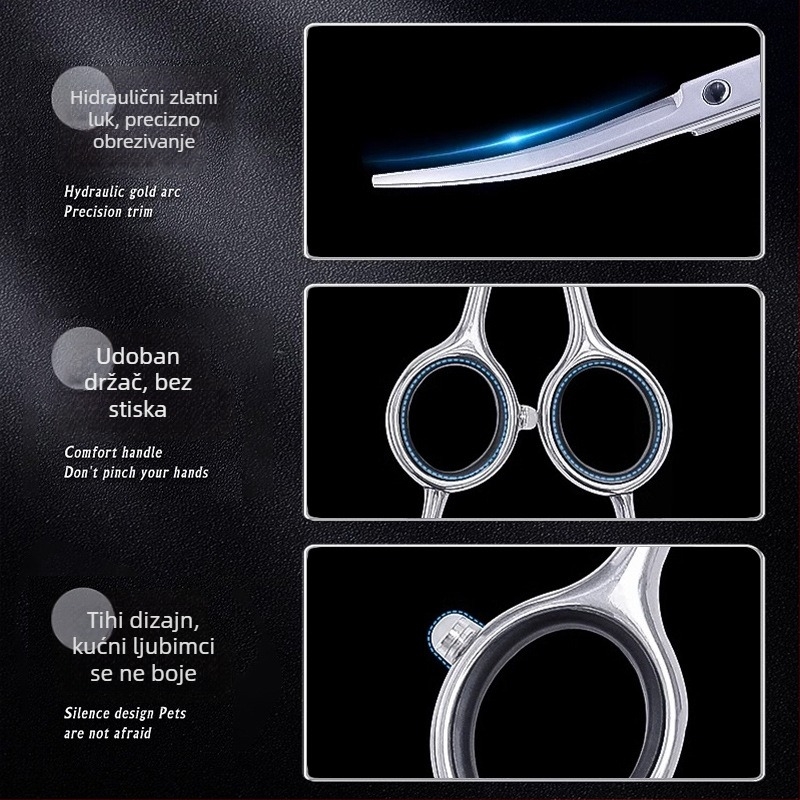 Set makaza za njegu kućnih ljubimaca – zakrivljene škare za pse, nehrđajući čelik, PU kožna futrola