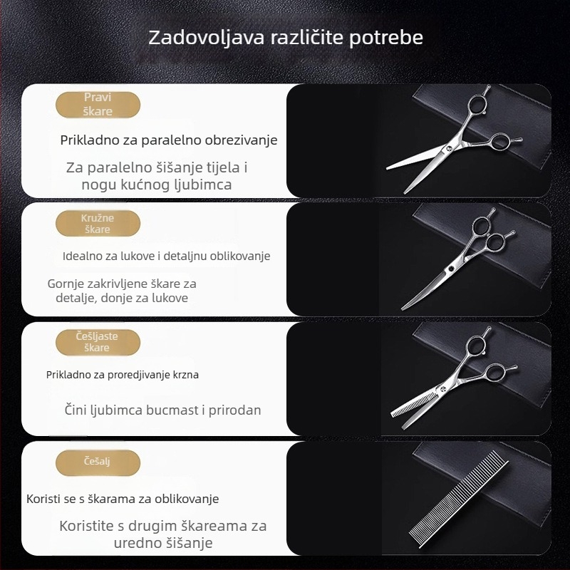 Set makaza za njegu kućnih ljubimaca – zakrivljene škare za pse, nehrđajući čelik, PU kožna futrola