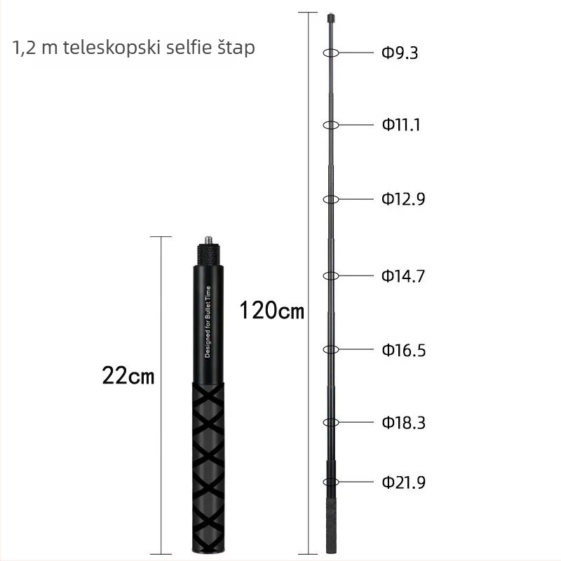 HB-120Z 7-sekcijski aluminijski produžni štap za akcijske i panoramske kamere; kompatibilan s Insta360X4, GoPro, DJI Action 5; nosivost do 2 kg; mogućnost ispisa logotipa.
