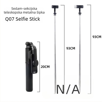 Q07 Bluetooth selfie-stativ za mobitel – aluminijska legura + ABS, uz daljinski upravljač, ugrađeno svjetlo, stabilizacija slike