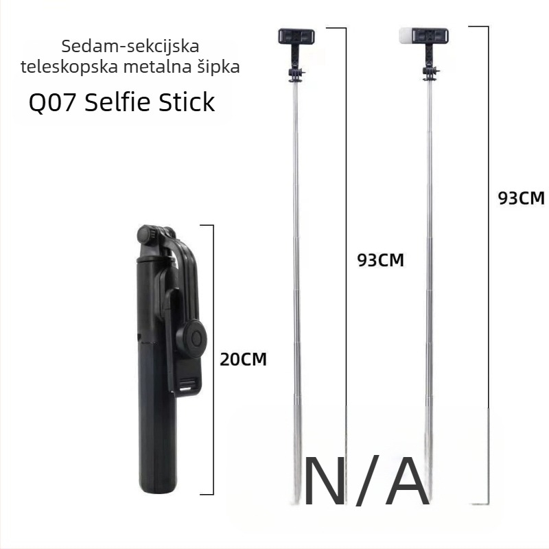 Q07 Bluetooth selfie-stativ za mobitel – aluminijska legura + ABS, uz daljinski upravljač, ugrađeno svjetlo, stabilizacija slike