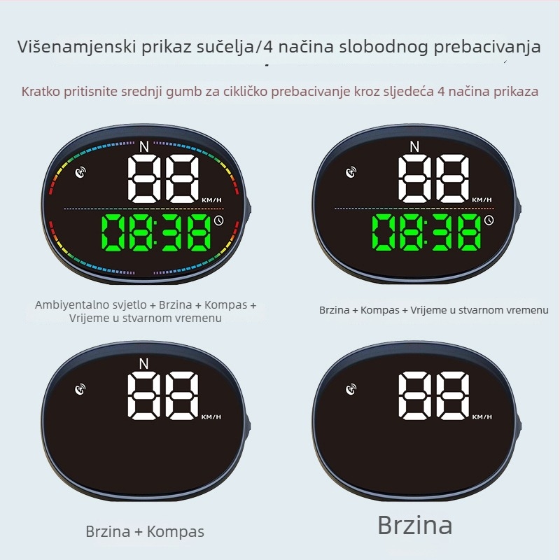HUD zaslon za automobil s GPS-om, višenamjenski, visoka preciznost brzine; univerzalno za automobile, električna vozila i bicikle.