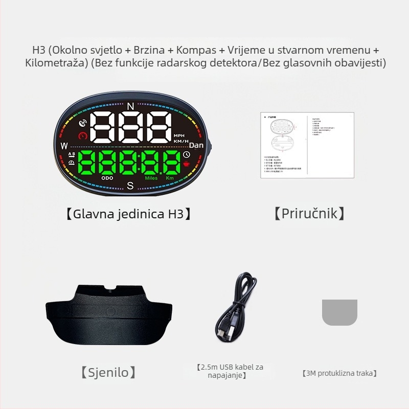 HUD zaslon za automobil s GPS-om, višenamjenski, visoka preciznost brzine; univerzalno za automobile, električna vozila i bicikle.