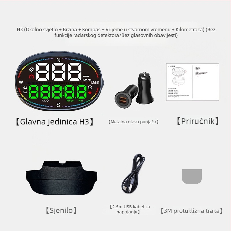 HUD zaslon za automobil s GPS-om, višenamjenski, visoka preciznost brzine; univerzalno za automobile, električna vozila i bicikle.