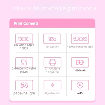 Dječja Polaroid kamera za ispis Abs-681 — 1080p video, 2,4‑inch IPS HD zaslon, >40 MP fotografije, podrška memorijskoj kartici