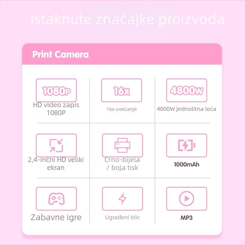 Dječja Polaroid kamera za ispis Abs-681 — 1080p video, 2,4‑inch IPS HD zaslon, >40 MP fotografije, podrška memorijskoj kartici